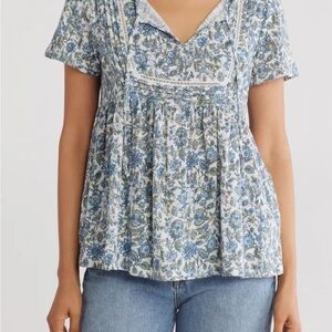 Lucky Brand Tie Front Blue Floral Blouse